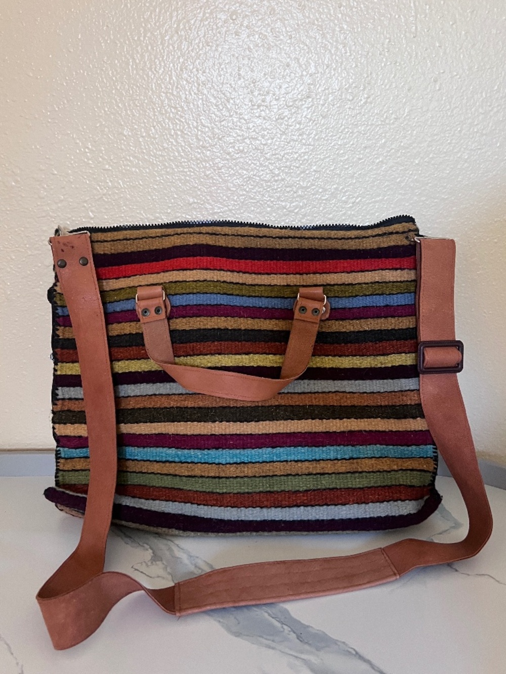 Colorful Striped Boho Tote Bag with Leather Straps